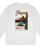 A white long-sleeved sweatshirt with a graphic design depicting a scenic landscape with mountains, pine trees, and a lake.