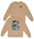 a tan sweatshirt with a graphic design on the back, depicting various elements such as a bird, a palm tree, and a lighthouse.