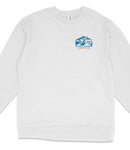 A white long-sleeved shirt with a blue and white logo on the left side.