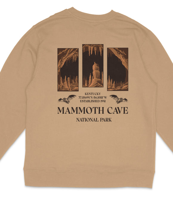 a beige sweatshirt with a graphic design depicting the Mammoth Cave National Park in Kentucky.