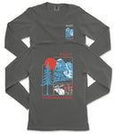a gray long-sleeved t-shirt with a graphic design depicting a mountain range and a sun. The design includes a tree, a mountain, and a red circle with a sun-like shape. The text on the t-shirt reads "BANFF NATIONAL PARK".