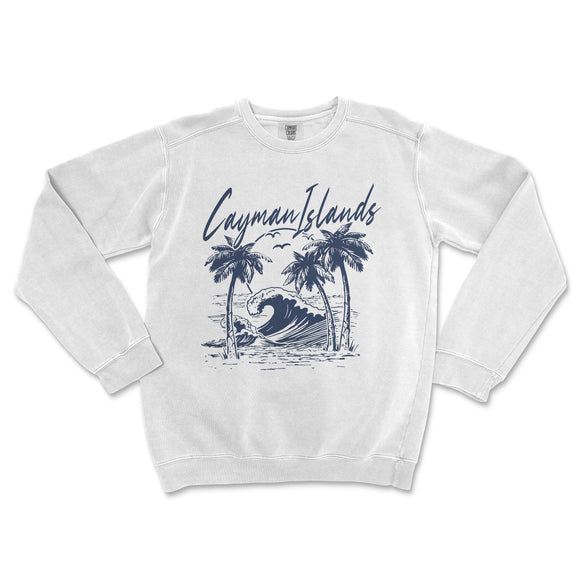 a white sweatshirt with a picture of a wave and palm trees