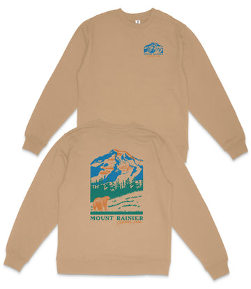 a tan sweatshirt with a graphic design depicting a mountain range and a bear. The design includes the text "Mount Rainier" and "California's highest peak".
