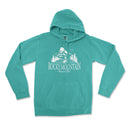 a turquoise hoodie with the rocky mountain logo on it