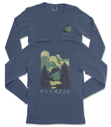 A long-sleeved blue t-shirt with a graphic design depicting a mountain landscape and the text "OLYMPIC" printed on it.