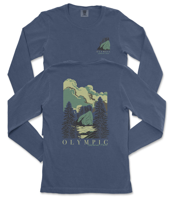 A long-sleeved blue t-shirt with a graphic design depicting a mountain landscape and the text "OLYMPIC" printed on it.