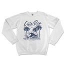 a white sweatshirt with a blue graphic of a wave and palm trees