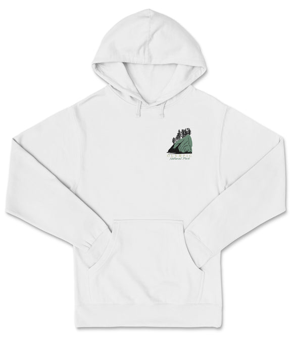 A white hoodie with a graphic design on the front pocket.