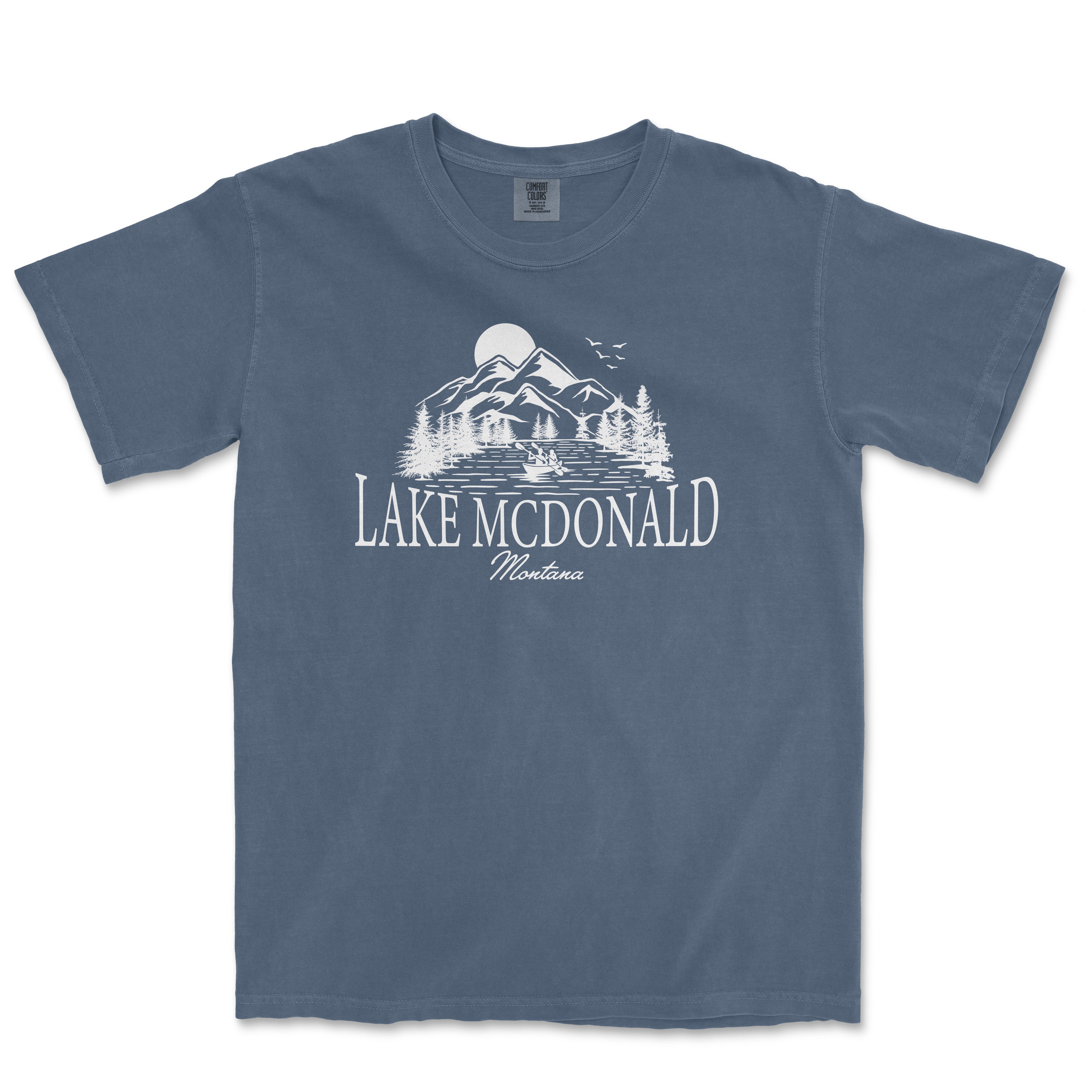 a blue lake mcdonald t - shirt with the words lake mcdonald on it