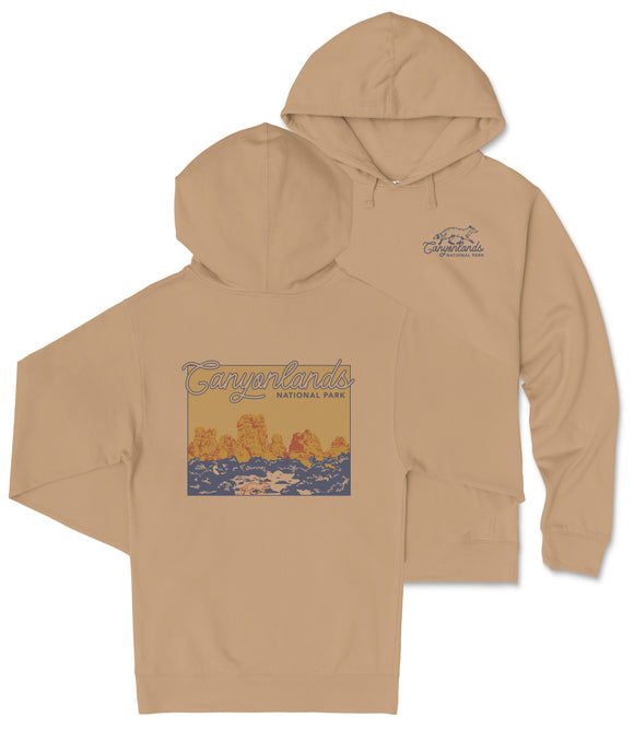 A tan hooded sweatshirt with a graphic design depicting a scenic landscape, likely representing the Canylands National Park.