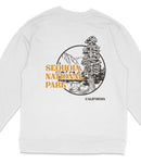 A white sweatshirt with a graphic design featuring a tree and mountains, along with the text "SEQUOIA NATIONAL PARK" and "CALIFORNIA" printed on it.