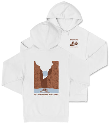 A white hooded sweatshirt with a graphic design depicting a canyon and a boat on a river.