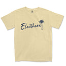 a yellow t - shirt with the word eleuthera printed on it