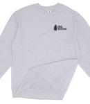 A gray sweatshirt with a small black logo on the left side of the chest.