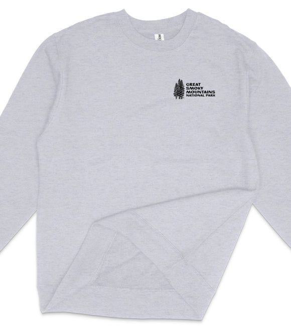 A gray sweatshirt with a small black logo on the left side of the chest.