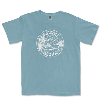 a blue shirt with a white logo on it