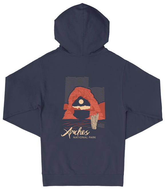 A navy blue hooded sweatshirt with a graphic design depicting a desert landscape with a rock formation and a cactus.