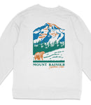 A white sweatshirt with a graphic design depicting a mountain landscape with a bear in the foreground, along with the text "Mount Rainier National Park".