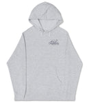 A gray hooded sweatshirt with a logo on the left side.