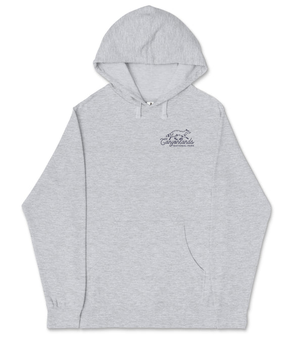 A gray hooded sweatshirt with a logo on the left side.