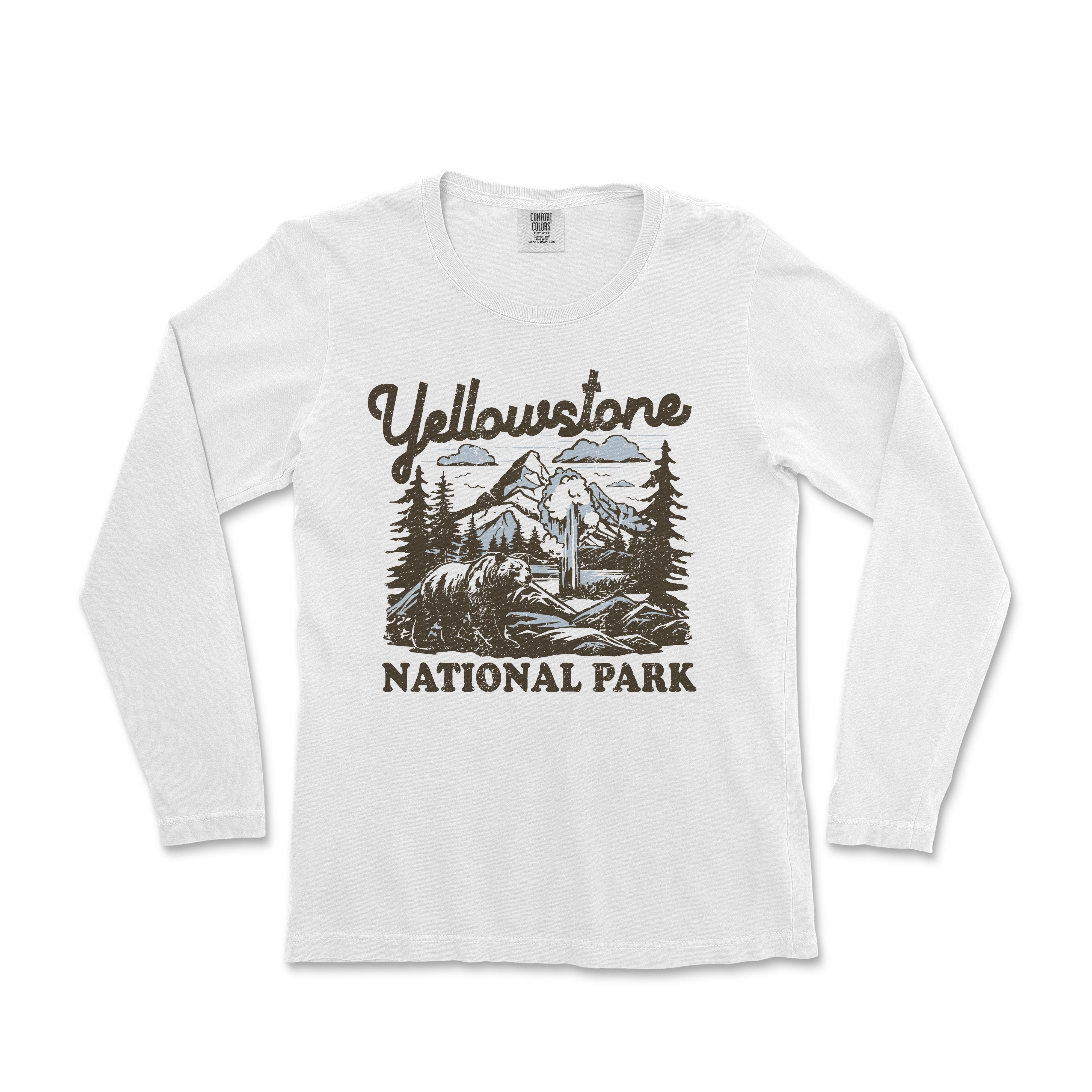 a white long sleeve shirt with the yellowstone national park logo