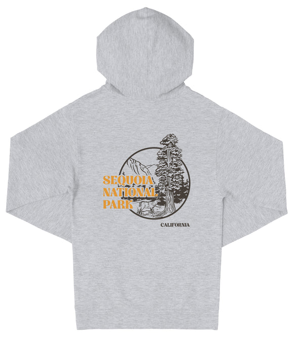 A grey hooded sweatshirt with a graphic design featuring a tree and text that says "SEQUOIA NATIONAL PARK CALIFORNIA".