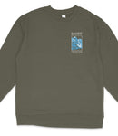 A gray sweatshirt with a graphic design on the left side, depicting a mountain range with a blue sky.