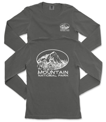 a gray long-sleeved t-shirt with a graphic design and text printed on the back.