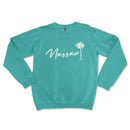 a turquoise sweatshirt with a palm tree on it