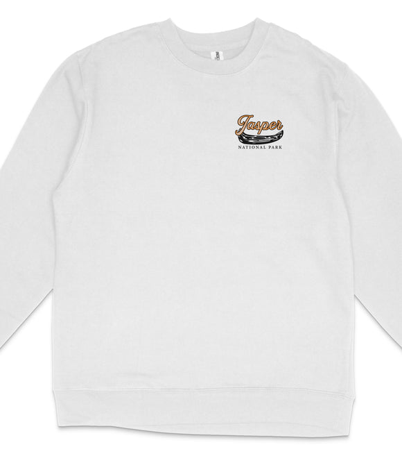 A white long-sleeved shirt with a logo on the left side.
