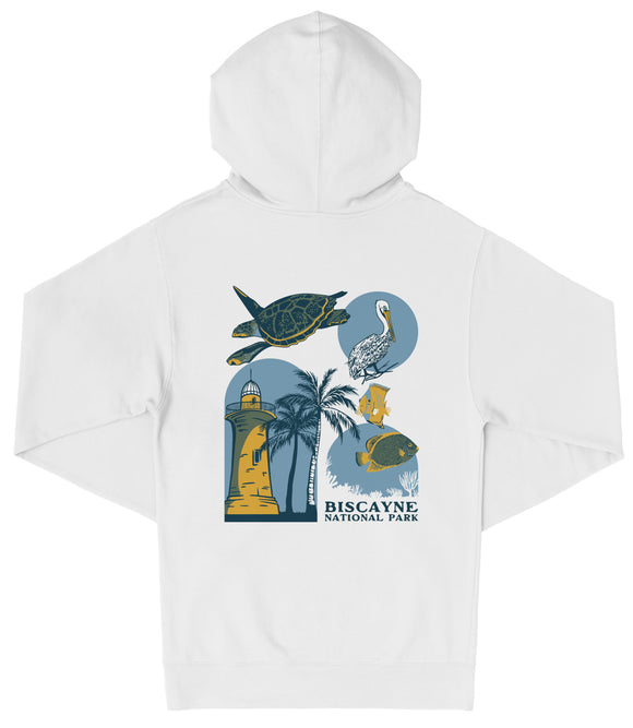 A white hoodie with a graphic design featuring various marine life and landmarks, including a lighthouse, palm trees, and a bird.
