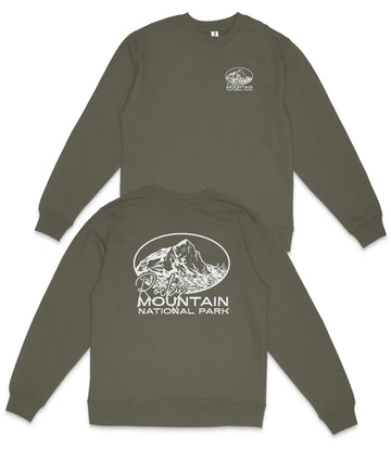 two dark green sweatshirts with white text and graphics printed on the back.