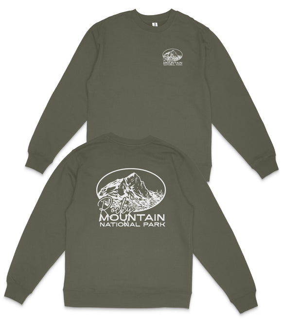 two dark green sweatshirts with white text and graphics printed on the back.