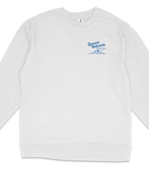 A white long-sleeved shirt with a blue logo on the left side.