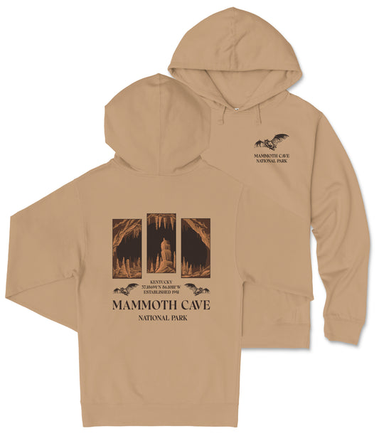 A beige hooded sweatshirt with a graphic design featuring images of the Mammoth Cave National Park in Kentucky.