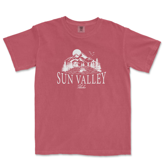 a red shirt with the sun valley logo on it