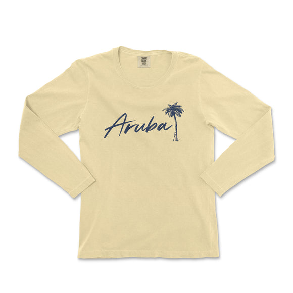 a women's long sleeve shirt with the word aruba on it