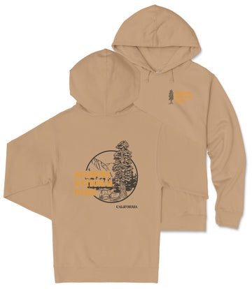 A beige hooded sweatshirt with a graphic design and text printed on the back.