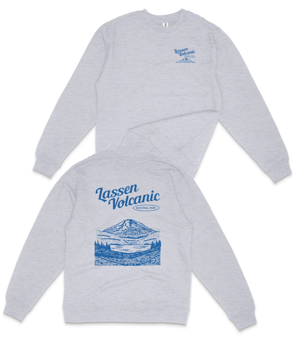 A grey sweatshirt with a graphic design on the back featuring a mountain and text.