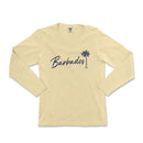 a women's long sleeve shirt with a palm tree in the background