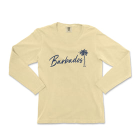 a women's long sleeve shirt with a palm tree in the background
