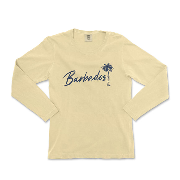 a women's long sleeve shirt with a palm tree in the background