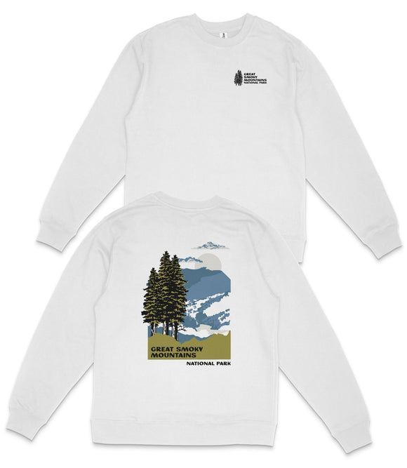 A white long-sleeved sweatshirt with a graphic design depicting a mountain landscape and trees.