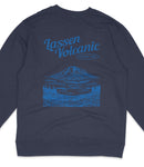 A dark blue sweatshirt with a graphic design depicting a mountain landscape and a lake.