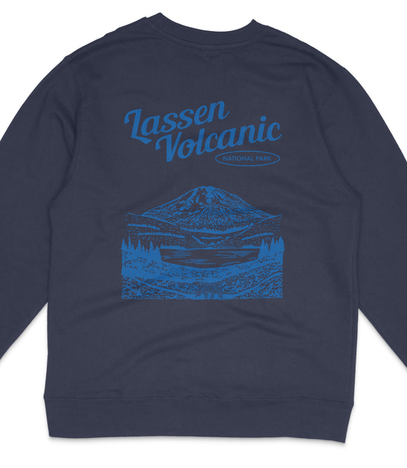 A dark blue sweatshirt with a graphic design depicting a mountain landscape and a lake.