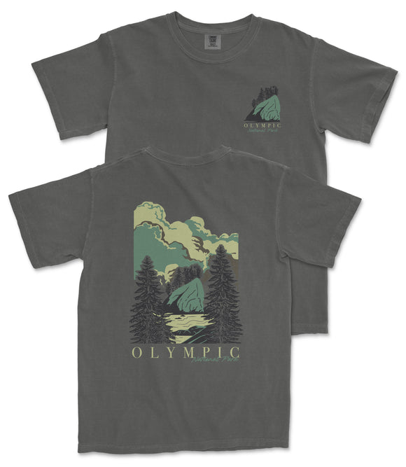 a gray t-shirt with a graphic design depicting a mountain landscape with pine trees and a cloudy sky.
