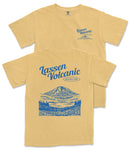 A yellow t-shirt with a graphic design depicting a mountain landscape and the text "Lassen Volcanic National Park" printed on it.