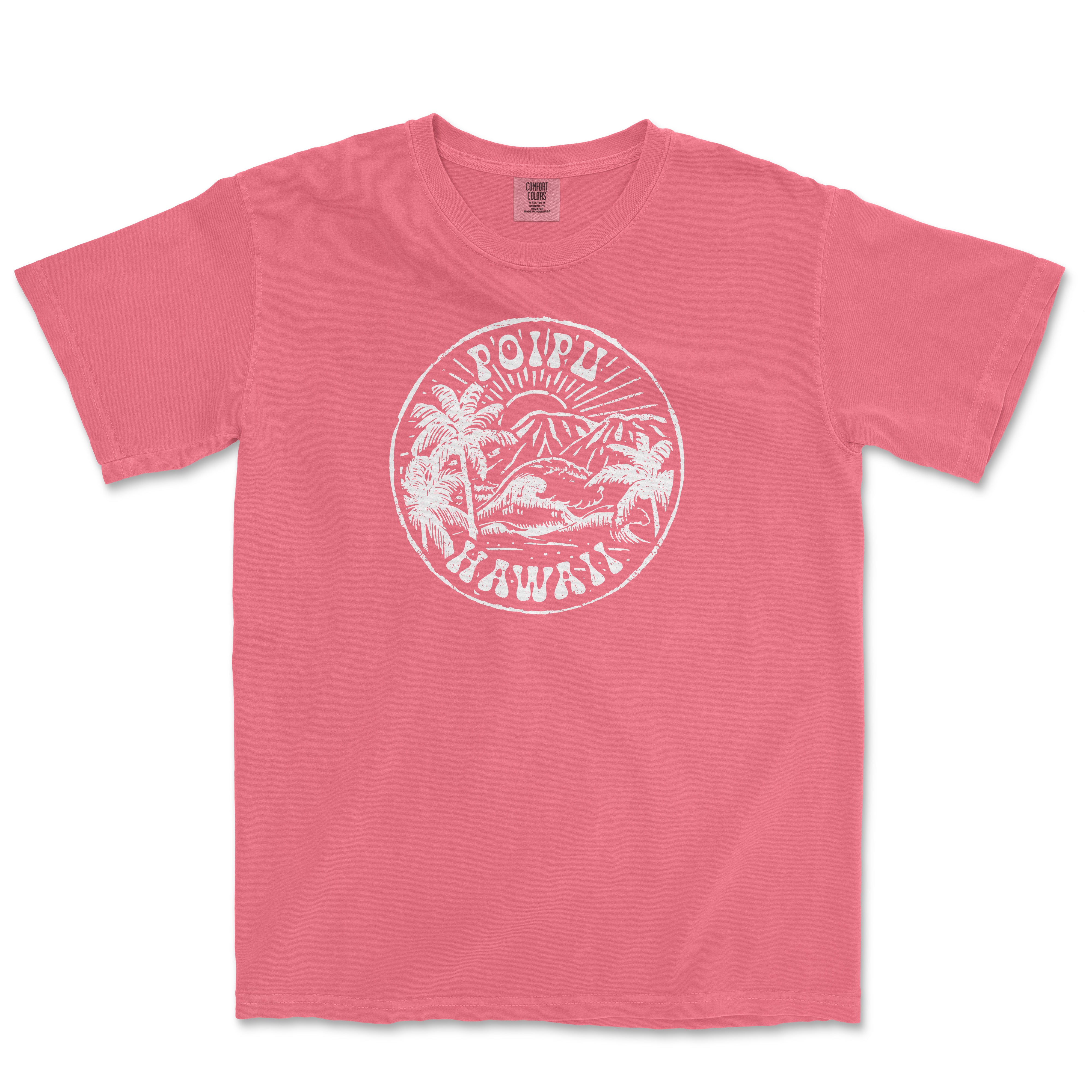 a pink t - shirt with a white print of a palm tree