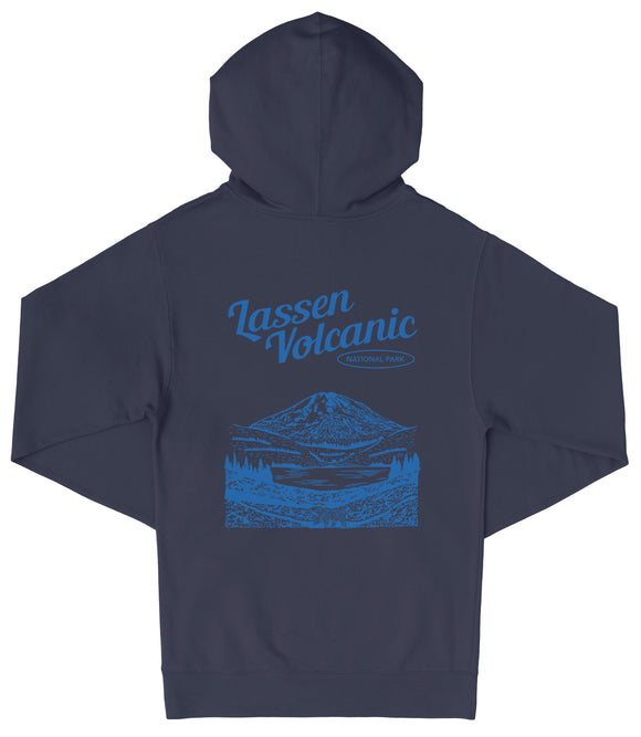 A navy blue hooded sweatshirt with a graphic design depicting a mountain landscape and the text "Lassen Volcanic National Park" printed on the back.