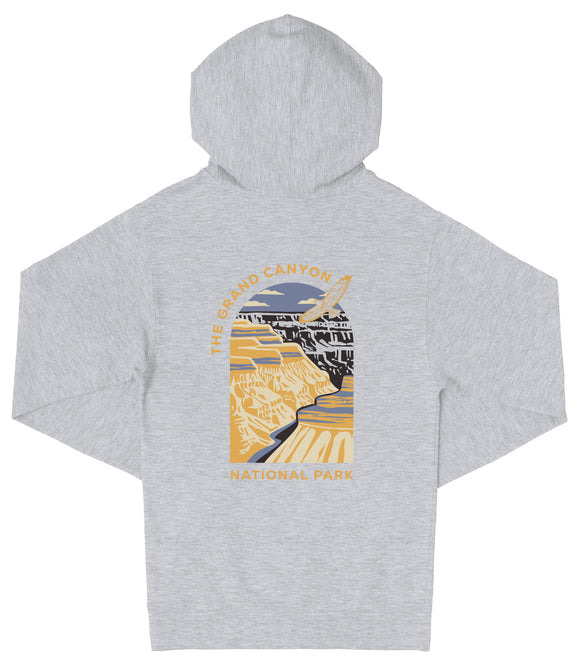 A grey hooded sweatshirt with a graphic design depicting the Grand Canyon and the text "The Grand Canyon National Park" printed on it.